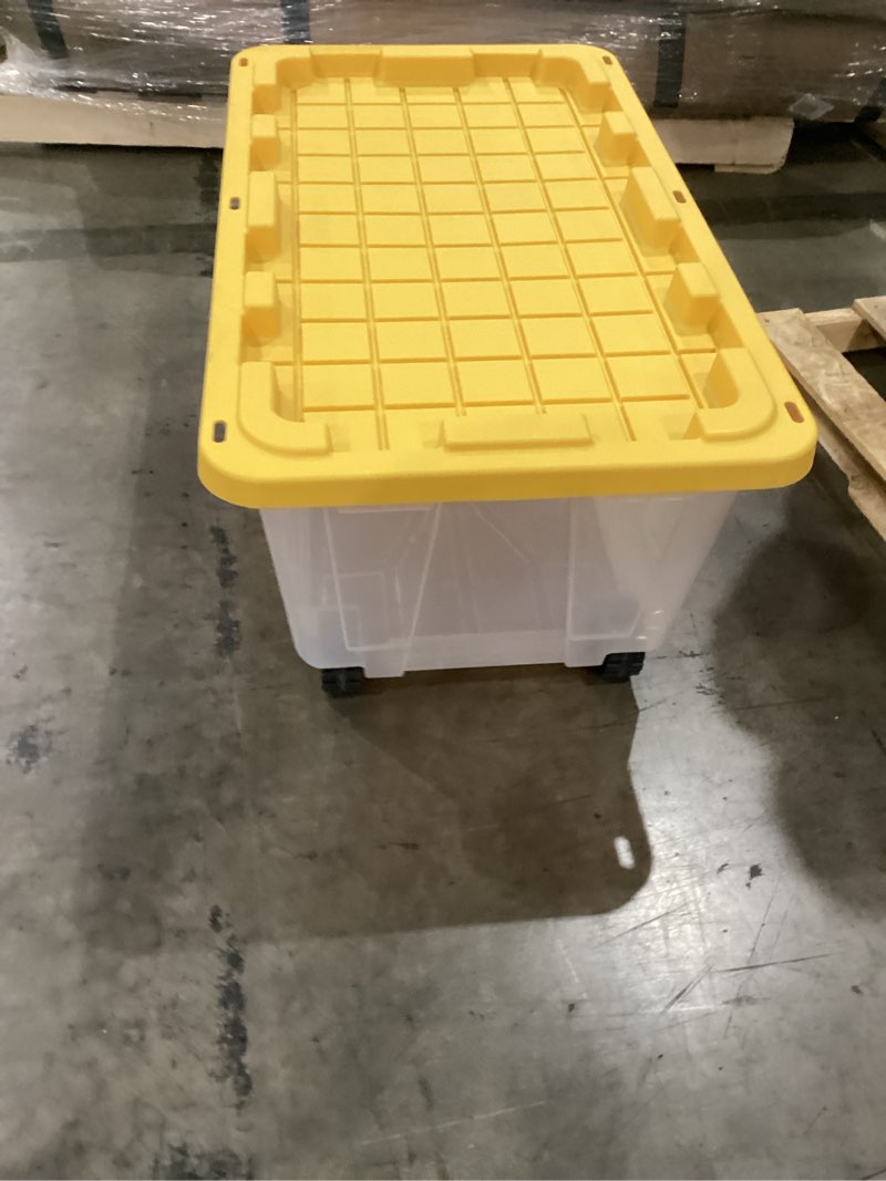 Condition photo showing As Is for broken ))))project source commander x-large 40-gallon s (160-quart) clear heavy duty rolling tote with standard snap lid