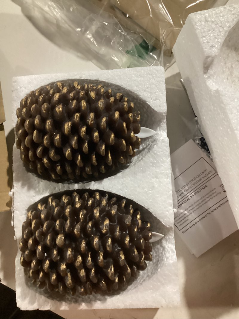 Condition photo showing As Is for Eldnacele Pine Cone Flameless Candles Battery Operated with 6 Hour Timer Unscented Real Wax Flat Wick Flickering Pinecone LED Candles Christmas Home Holiday Decoration(2 Pack Brown) 1-Brown Pine Cone