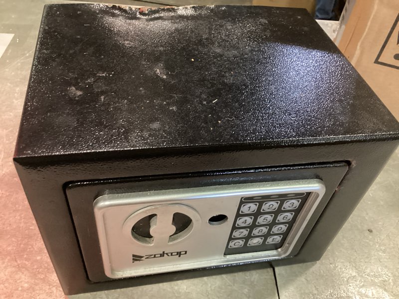 Condition photo showing As Is for security small steel safe lock box with code keypad,key, black | electronic secure,9.1" w x 6.7" d x 6.7" h,cabinet safes,for home dorm apartment office cash jewelry storage black 0.17cf