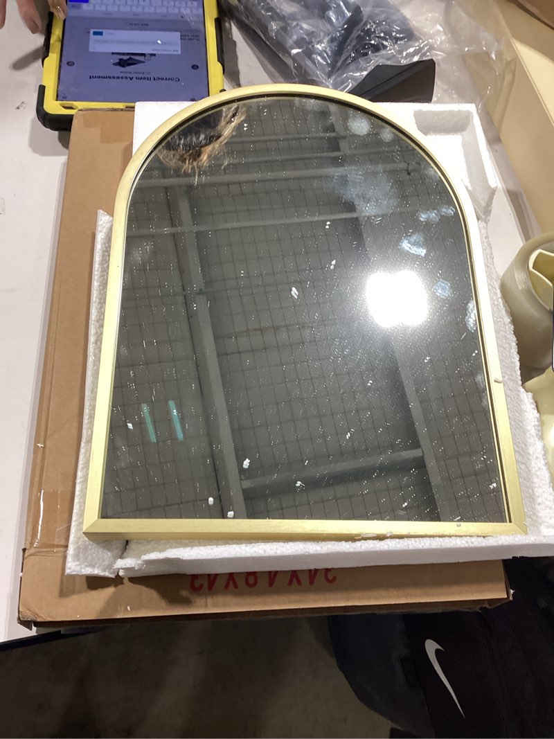 Condition photo showing Good Condition for Arched Wall Mirror for Bathroom, 24"x36" Gold Mordern Metal Frame for Entryway Living Room Bedroom Wall Decor