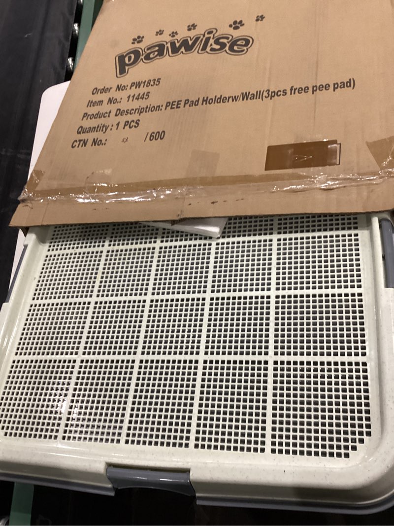 Condition photo showing Good Condition for Dog Pee Pad Holder with High Wall, Large Puppy Potty Training Tray with Mesh Grid & Splash Guard, 23.6” x 23.6” Indoor Dog Litter Box, Includes 4 Disposable Pee Pads Extra Large 23.6*23.6 inch