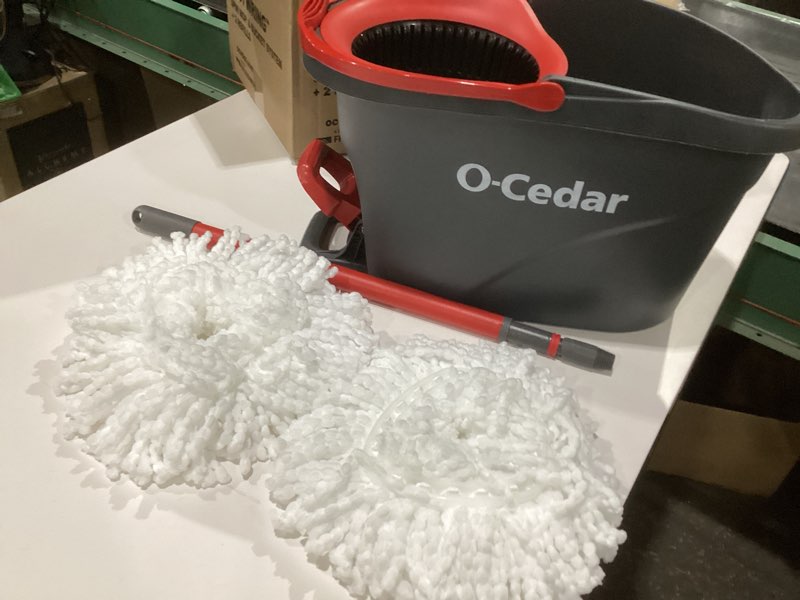 Condition photo showing As Is for o-cedar easywring microfiber spin mop & bucket floor cleaning system + 2 extra refills, red/gray spin mop & bucket with 2 extra refills