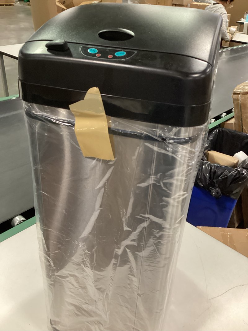 Condition photo showing As Is for ( incomplete missing power adapter) iTouchless 13 Gallon Dog Proof Trash Can with Odor Filter, Motion Sensor Stainless Steel Kitchen Trashcan Garbage Bin for Home Office Bedroom Living Room Garage Work Large Capacity Slim Wastebasket Black, Silver 13 Gal With Pet Lock