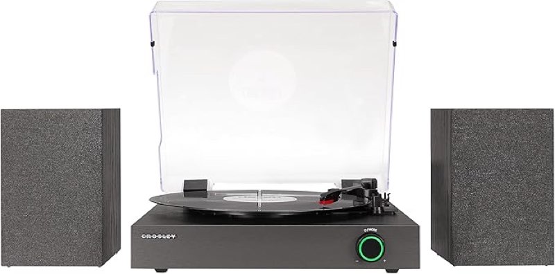 crosley cr7503a-bk zane 3-speed bluetooth vinyl record player turntable, with matching stereo speakers and led dial, black