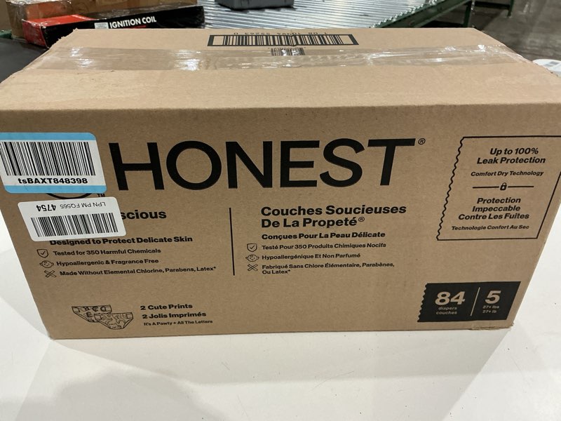 Condition photo showing New/Like New for the honest company comfort dry disposable diapers for sensitive skin, hypoallergenic, all the letters + it's a pawty, super club box, size 5 (27 lbs), 84 count size 5 (84 count) all the letters + it's a pawty