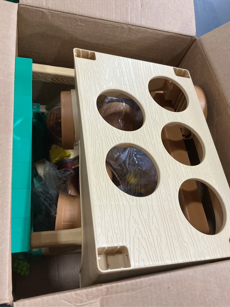 Condition photo showing Good Condition for learning resources my first farmstand - farmers market stand toy for kids, rolling cart with pretend play food, fruit and vegetable baskets, toddler & preschool grocery shopping playset