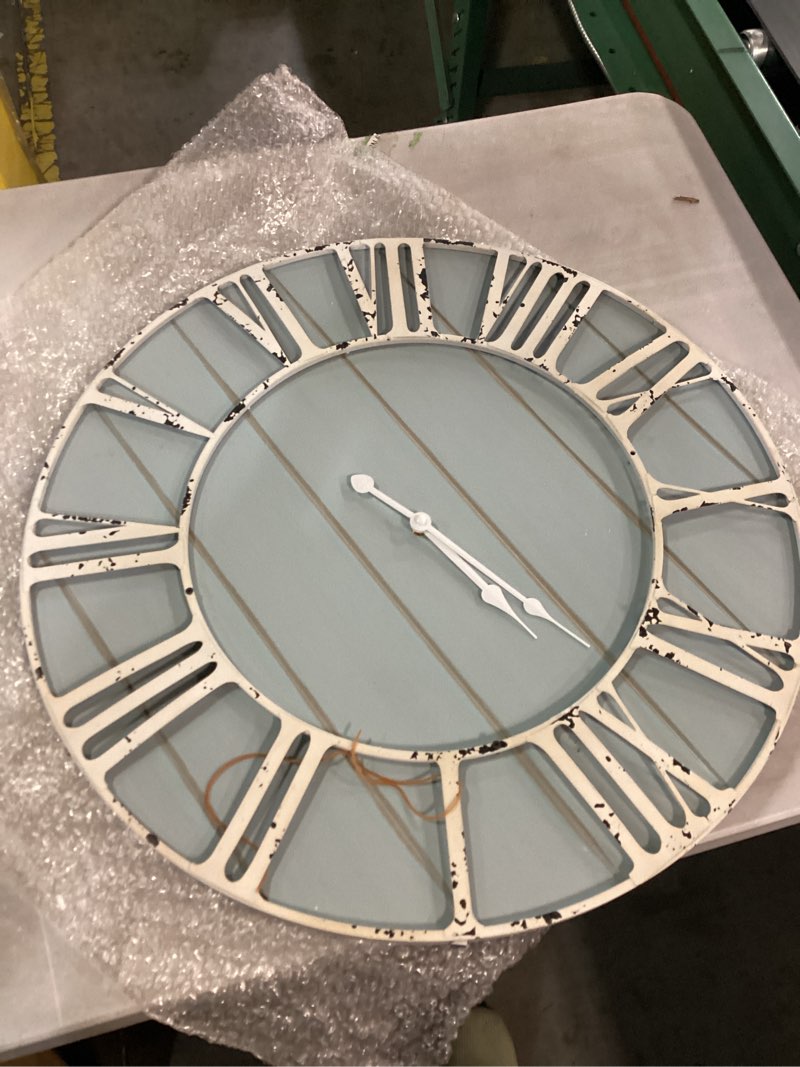 Condition photo showing Good Condition for emax home large farmhouse wall clock 24 inch vintage blue wooden wall clock with quiet ticking and minimalist roman numerals for bedroom living room office kitchen home decor, battery operated blue 24 inch