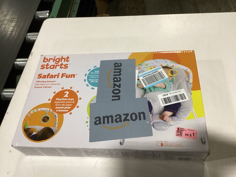 Condition photo showing New/Like New for bright starts baby bouncer soothing vibrations infant seat - removable -toy bar, nonslip feet, 0-6 months up to 20 lbs (safari fun)