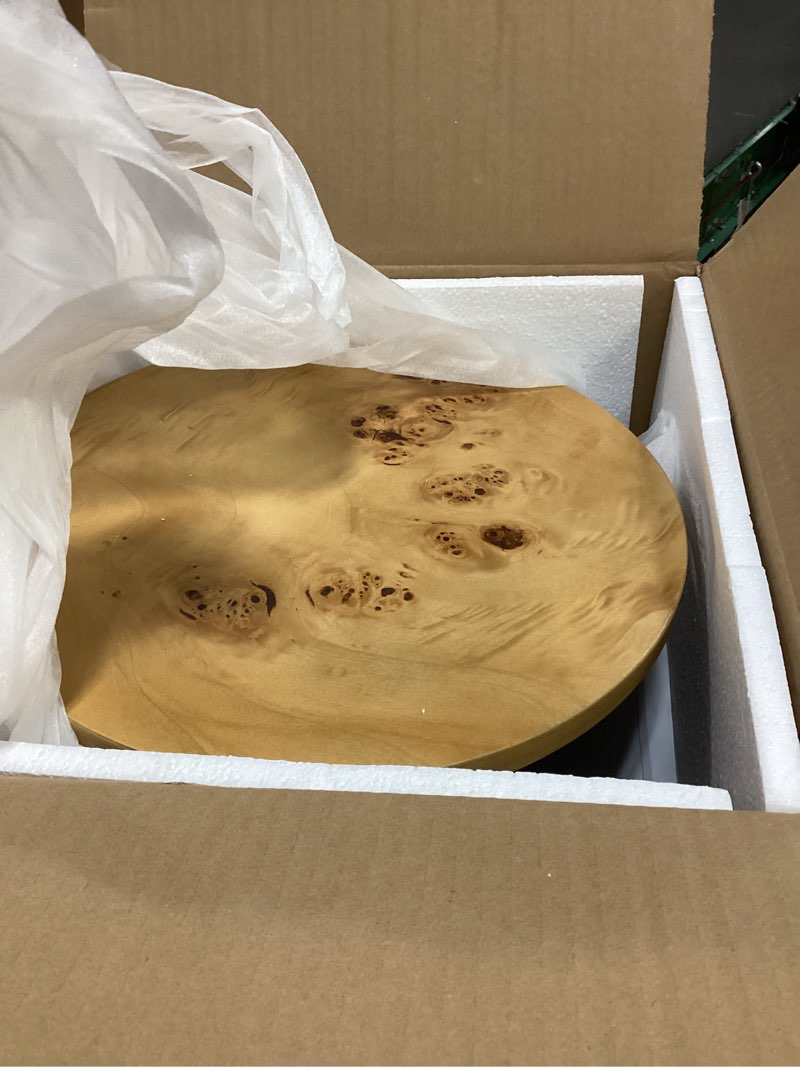 Condition photo showing Good Condition for stead round fluted drink table - 13" round top two-tone burl wood veneer & black solid oak base - compact modern end table for living room & bedroom burl wood with black base