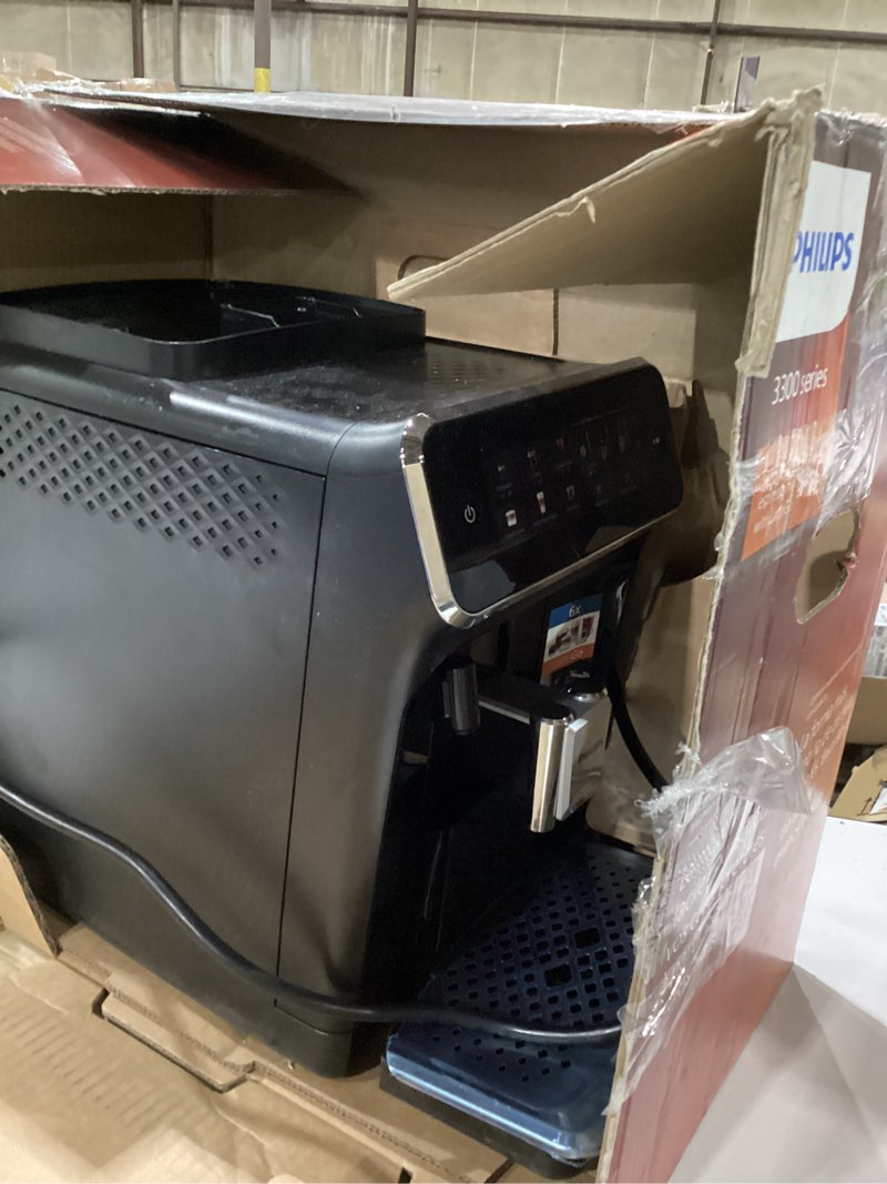Condition photo showing As Is for Not tested ***Philips 3300 Series Fully Automatic Espresso Machine with LatteGo Milk System and integrated grinder, 6 Hot & Iced Coffee Pre-Sets, 40% Quieter SilentBrew, 15-Bar Pressure, Glossy Black (EP3341/50) Glossy Black Latte Go