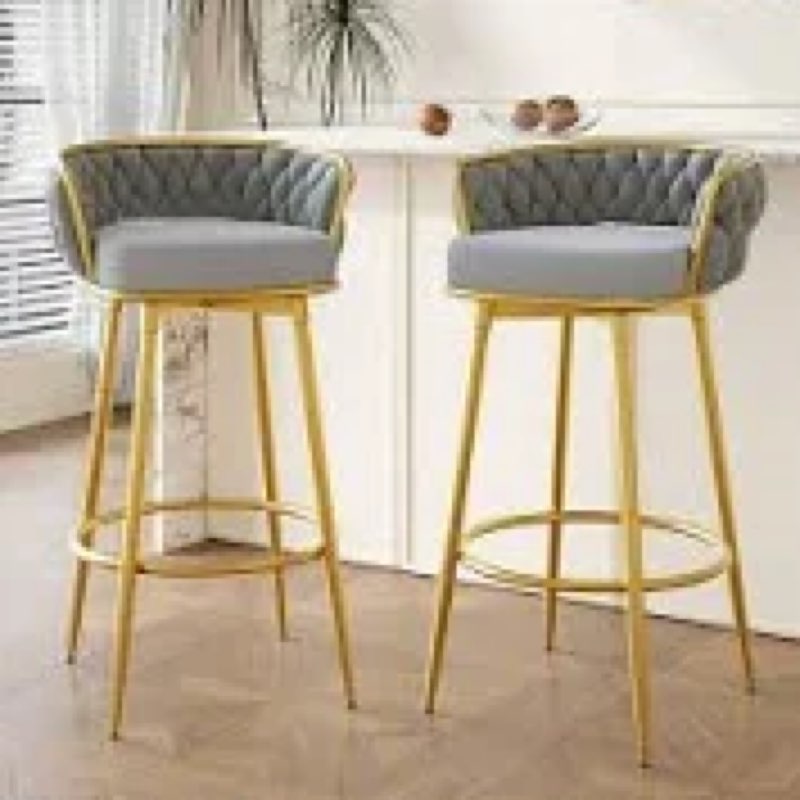 GDF Studio Modern 180° Swivel Velvet Upholstered Counter Bar Stools with Metal Frame, Hand-Woven Backrest, Grey + Gold, Set of 2