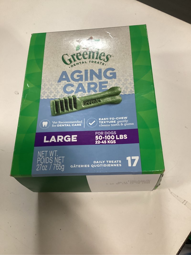 Condition photo showing New/Like New for Greenies Dental Treats for Dogs, Veterinarian-Recommended Aging Care Adult Natural Dental Dog Treats, Large Size, 27 oz. Pack, 17 Count Aging Care 17 Count (Pack of 1)