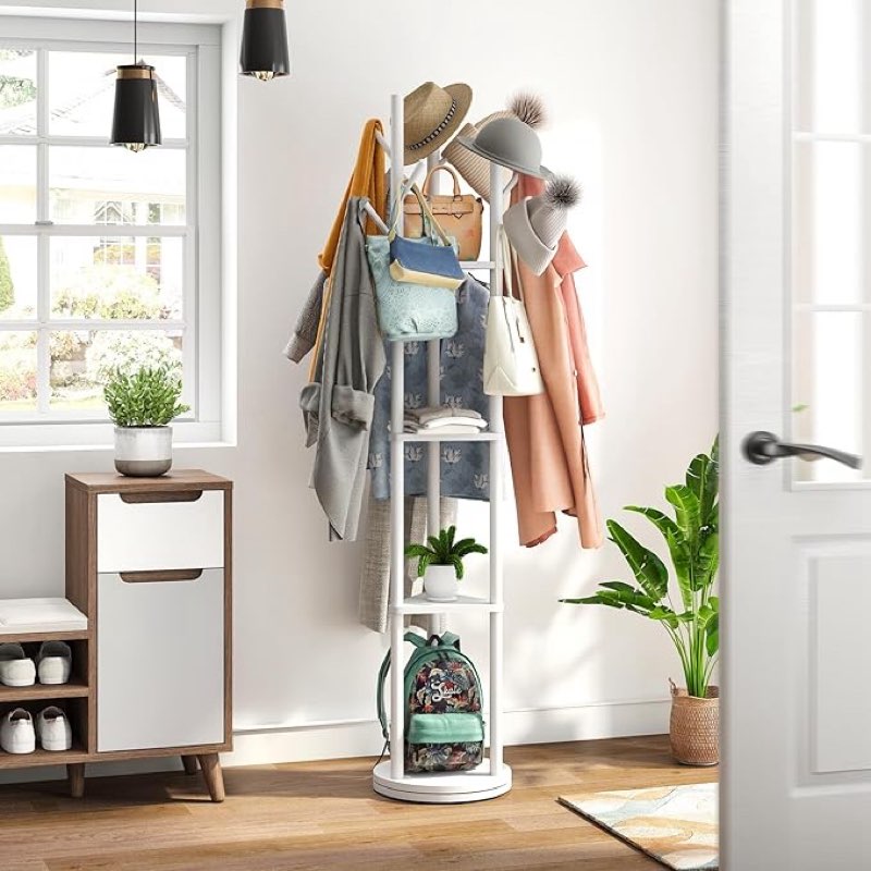 kiplant Rotary Coat Rack Stand with 8 Hooks, Bamboo Wood Coat Tree for Clothes/Bags/Hats, Large Coat
