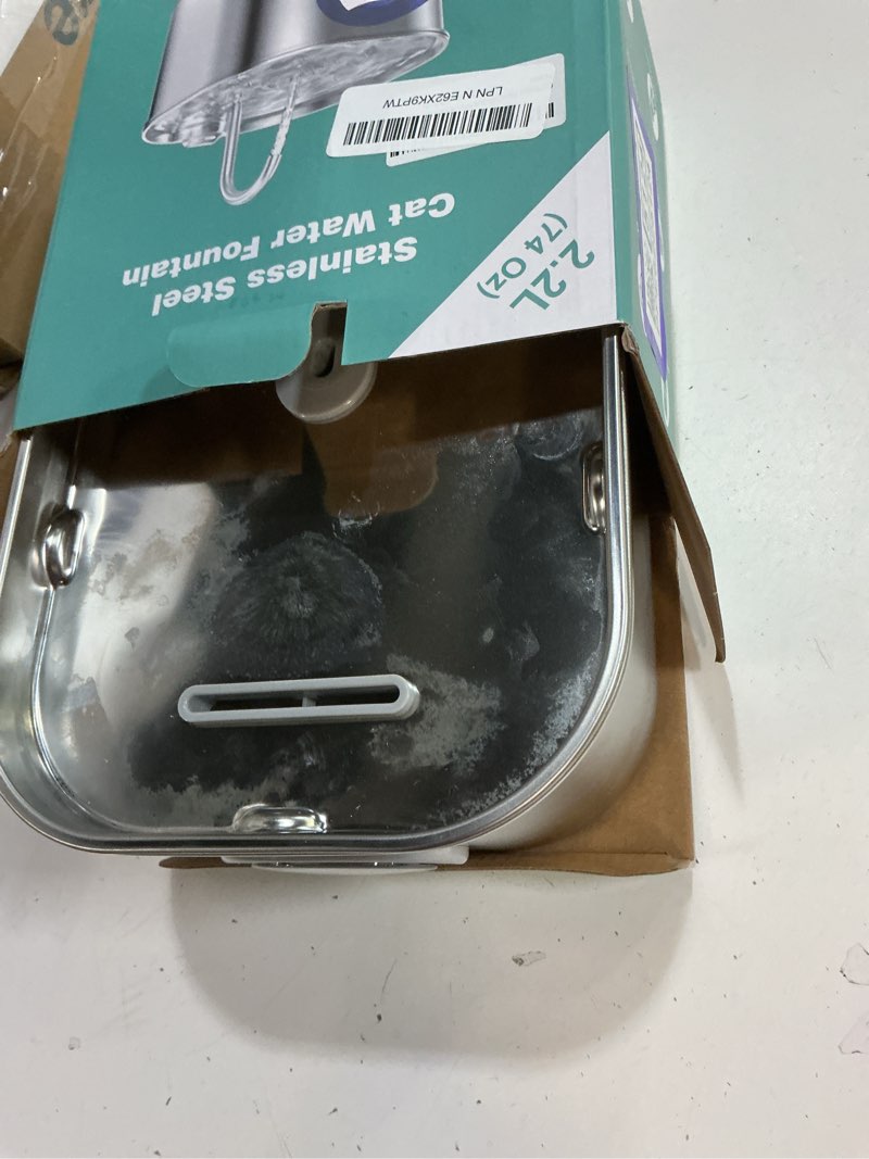 Condition photo showing As Is for cat water fountain stainless steel: pet fountains for cats/dog indoor automatic waterer bowls for drinking small animal water dispenser metal pets watering faucet bottle auto kitty watering supplies 74oz/2.2l cat fountain + 3 filters