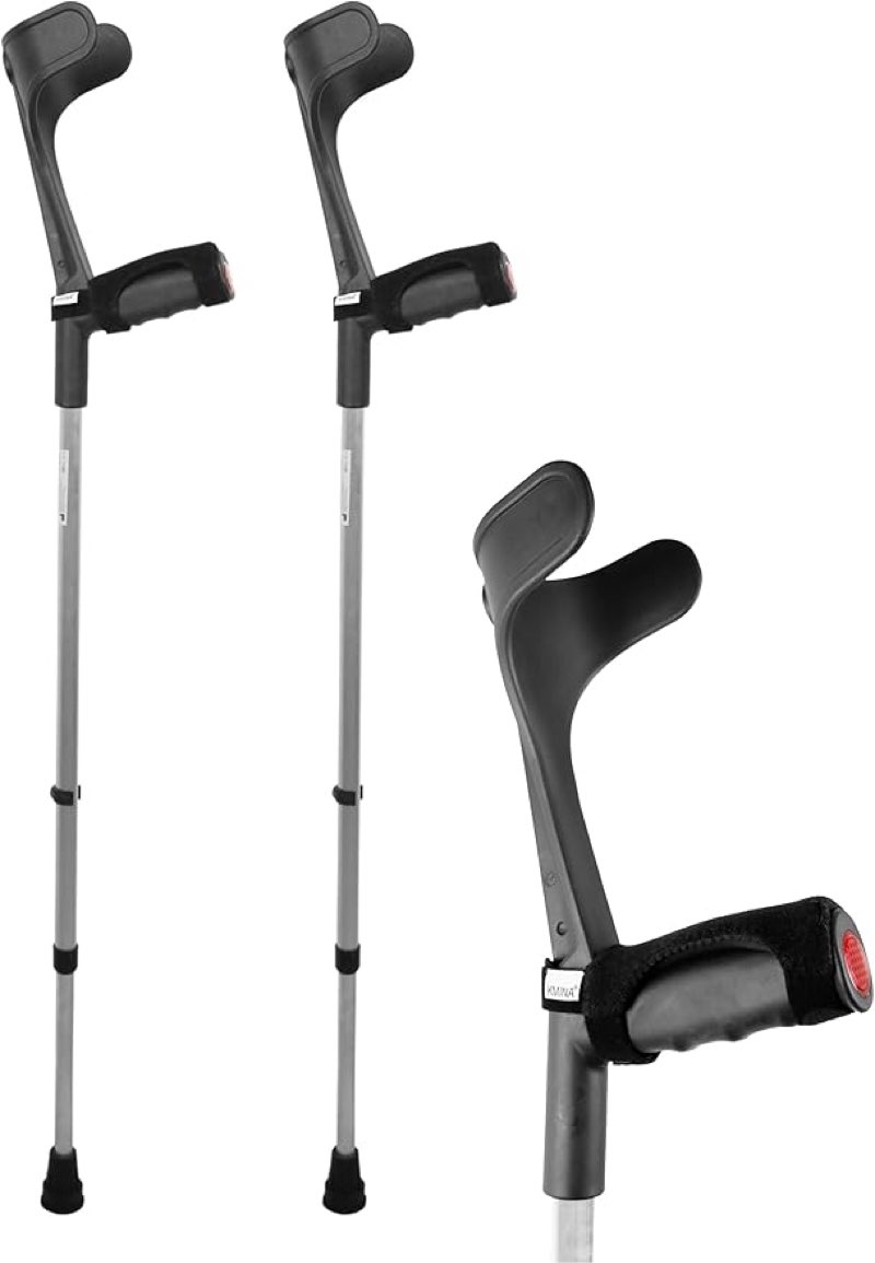 kmina forearm crutches for adults (x2 units), open cuff, extra comfort with hand grip, adjustable height, aluminum, orthopedic, made in europe