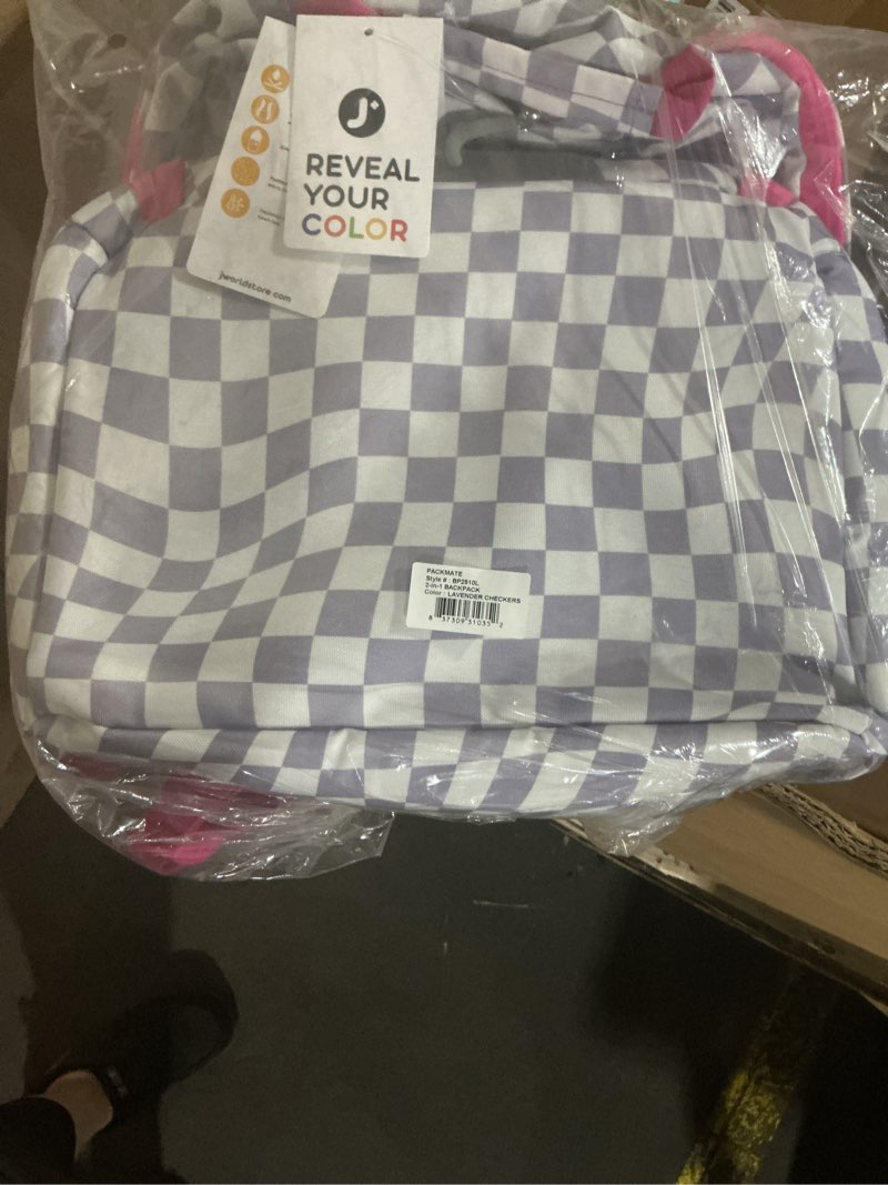 Condition photo showing New/Like New for j world new york 2-in-1 insulated backpack lunch box for kids. adult school bookbag, lavender checkers