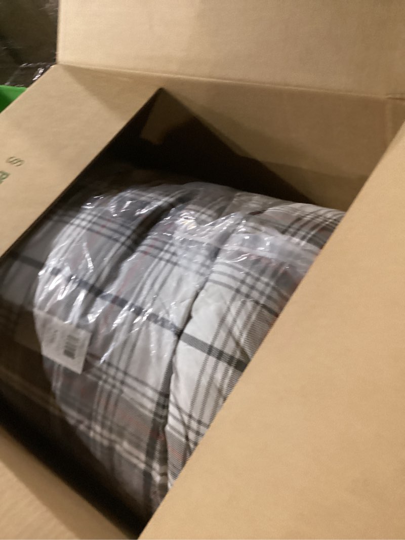 Condition photo showing New/Like New for eddie bauer - queen comforter set, reversible cotton bedding with matching shams, plaid home decor for all seasons (alder grey/red, queen) queen alder plaid grey/red