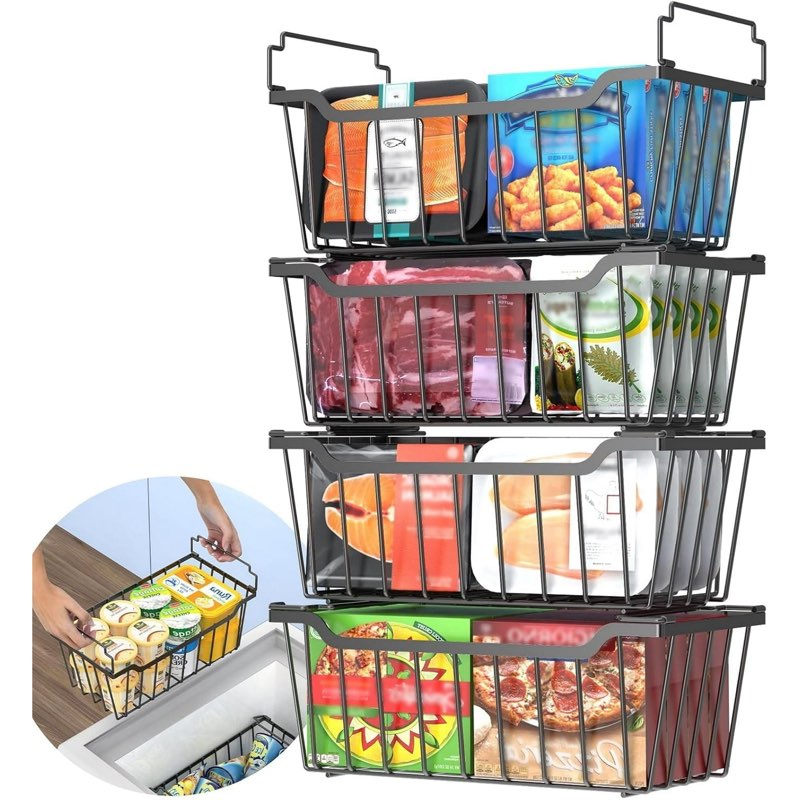 Freezer Organizer Bins, 10 Pack Stackable Deep Chest Fridge Organizer Bins, Foldable Baskets with Ha