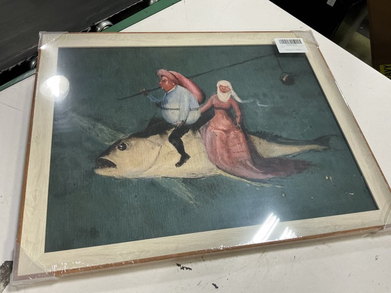 Condition photo showing New/Like New for viyyiea framed wall art for living room, drive the fish canvas prints, vintage home decor, funny painting picture, bathroom wall decor gifts for friends or family - 20l x 16w funny-?flying fish? 20"l x 16"w