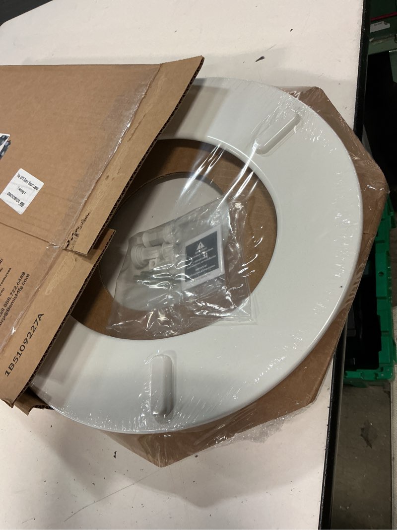 Condition photo showing New/Like New for mayfair bennett toilet seat with chrome hinges, slow close wood seat, secure metal hinges, easy install, made in usa, round, white round chrome