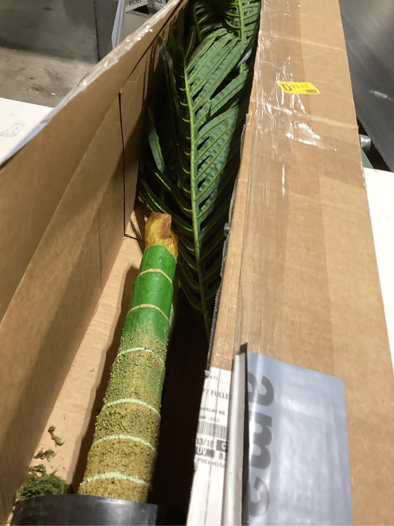 Condition photo showing As Is for nearly natural 6.5ft artificial golden cane palm tree, lifelike silk indoor palm with three textured trunks flexible fronds nursery planter, low maintenance