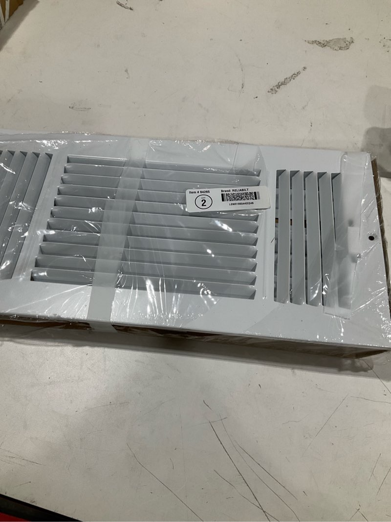 Condition photo showing As Is for reliabilt 14-in x 6-in 3-way steel white sidewall/ceiling register