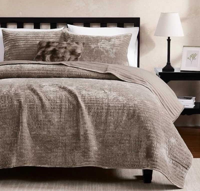 wdcozy velvet king size quilt set - beige striped soft lightweight bedspread, tan neutral channel fa