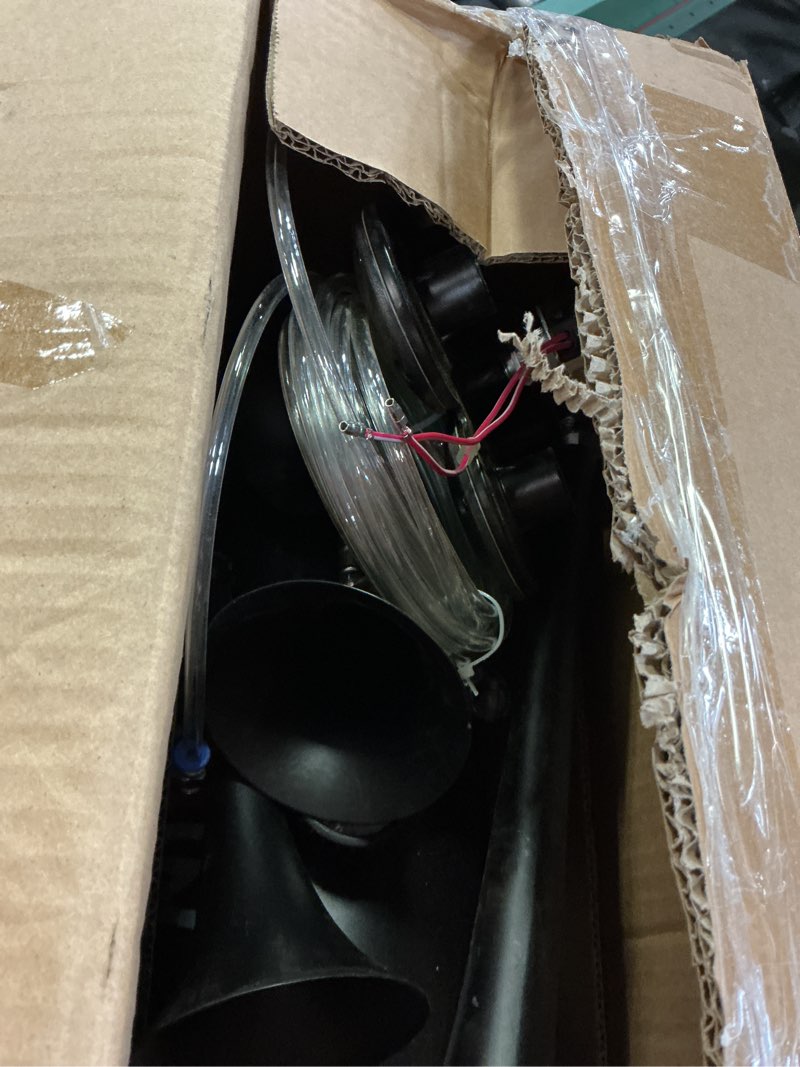 Condition photo showing As Is for farbin 178db 4 trumpet horns train horn kit for truck super loud air horns with 150 psi 12v air compressor air tank can for jeep suv train metal black(0.8 gal 12v black air horn kit)