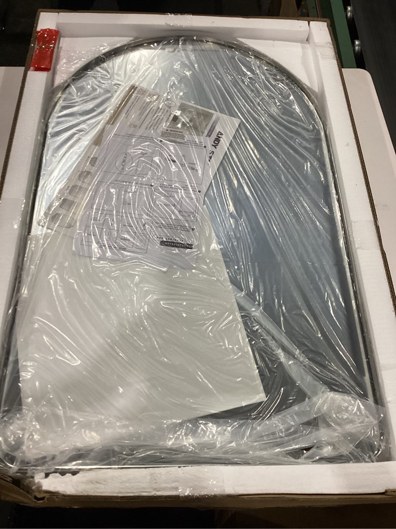 Condition photo showing New/Like New for ANDY STAR Arched Mirror, 22" x 35" Brushed Nickle Bathroom Mirror in Stainless Steel Metal Frame, Arch Top Rounded Corner 1" Deep Set Design Wall Mount Hangs Vertical Brushed Nickel 35"L x 22"W