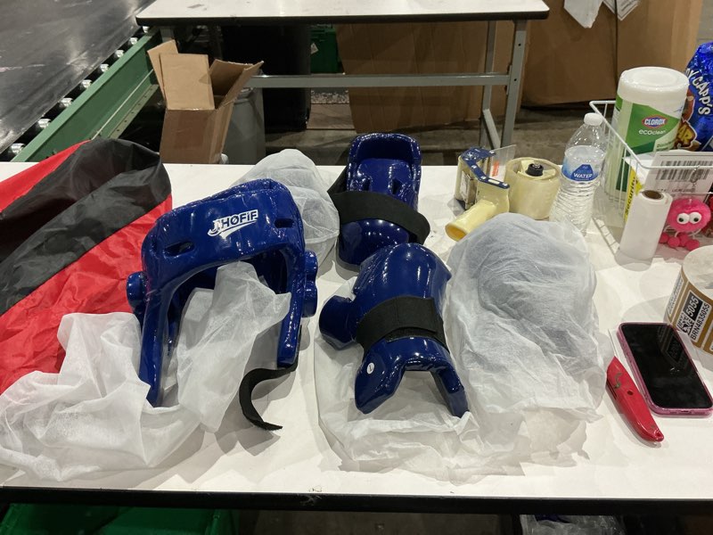 Condition photo showing As Is for martial arts karate protective sparring gear package deal/gift adjustable adult & youth headgear, gloves & kicks for mma, taekwondo, boxing training blue large