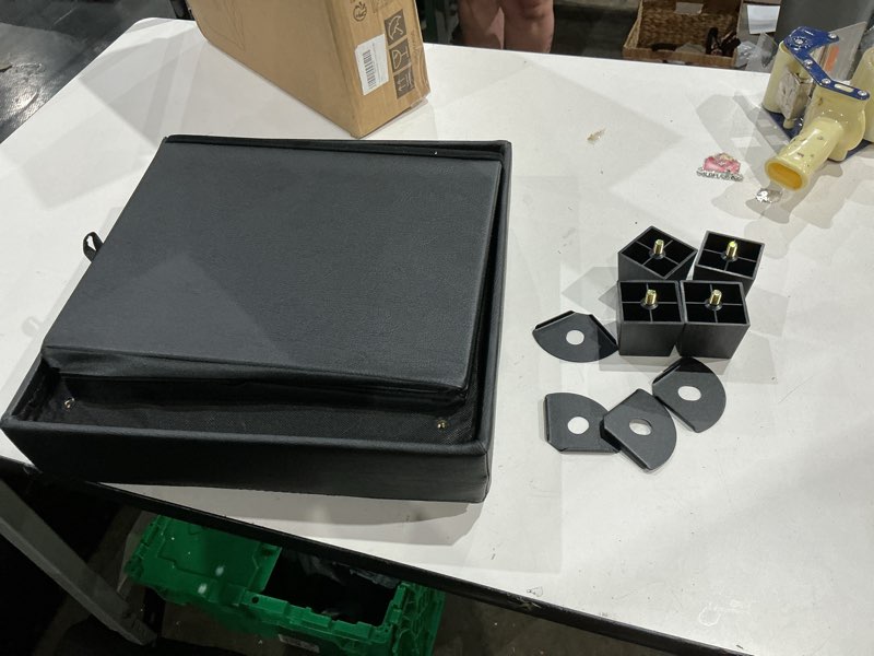 Condition photo showing Good Condition for songmics storage ottoman, cube ottoman with legs, 15 x 15 x 15.7 inches, footstool, footrest, 10 gal. (37 l), synthetic leather, for bedroom, living room, dorm, ink black ulsf0512b02
