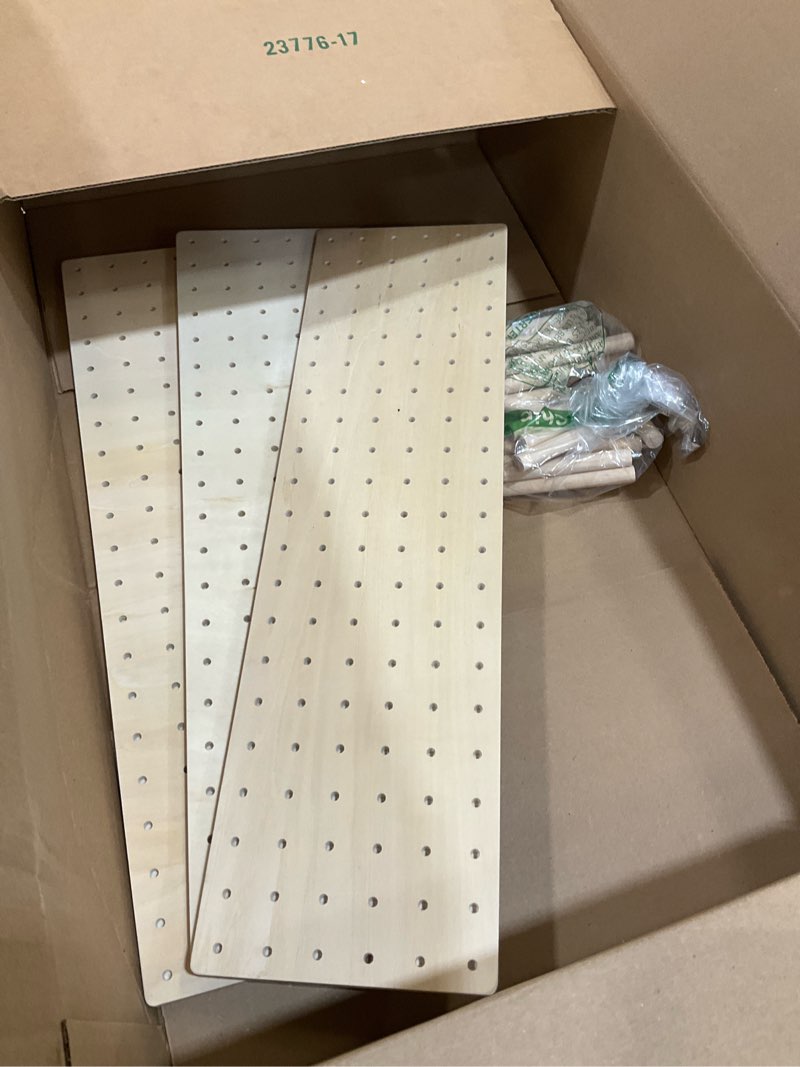 Condition photo showing As Is for wooden pegboard shelving 3 boards