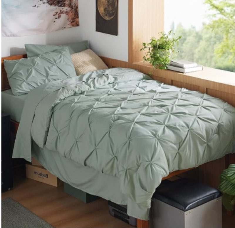 Twin Comforter Set - Extra Long Dorm Bedding Sets, GentleSoft™ Pinch Pleat Sage Green Bed in a Bag with Pintuck Comforter, Sheets, Pillowcase & Sham