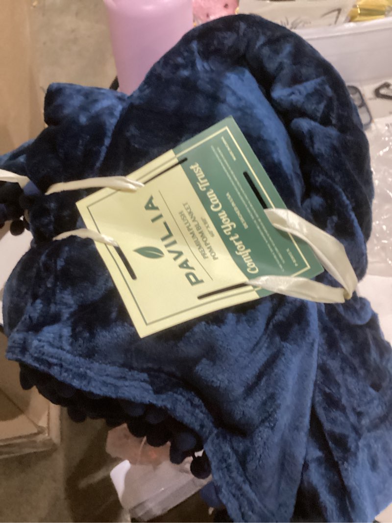 Condition photo showing Good Condition for PAVILIA Fleece Throw Blanket for Couch with Pom Pom Fringe, Navy Blue, Soft Cozy Fuzzy Flannel Blanket for Sofa Bed, Large Lightweight Plush All Season Throw, 60x80 Inches Navy Blue 60"x80"