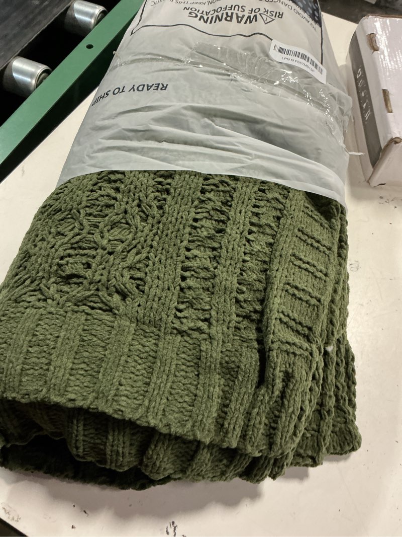 Condition photo showing Good Condition for battilo olive green throw blanket for couch, chunky cable knit blanket, woven soft cozy chenille throw blanket for bed, sofa, chair, living room, 51"x67"