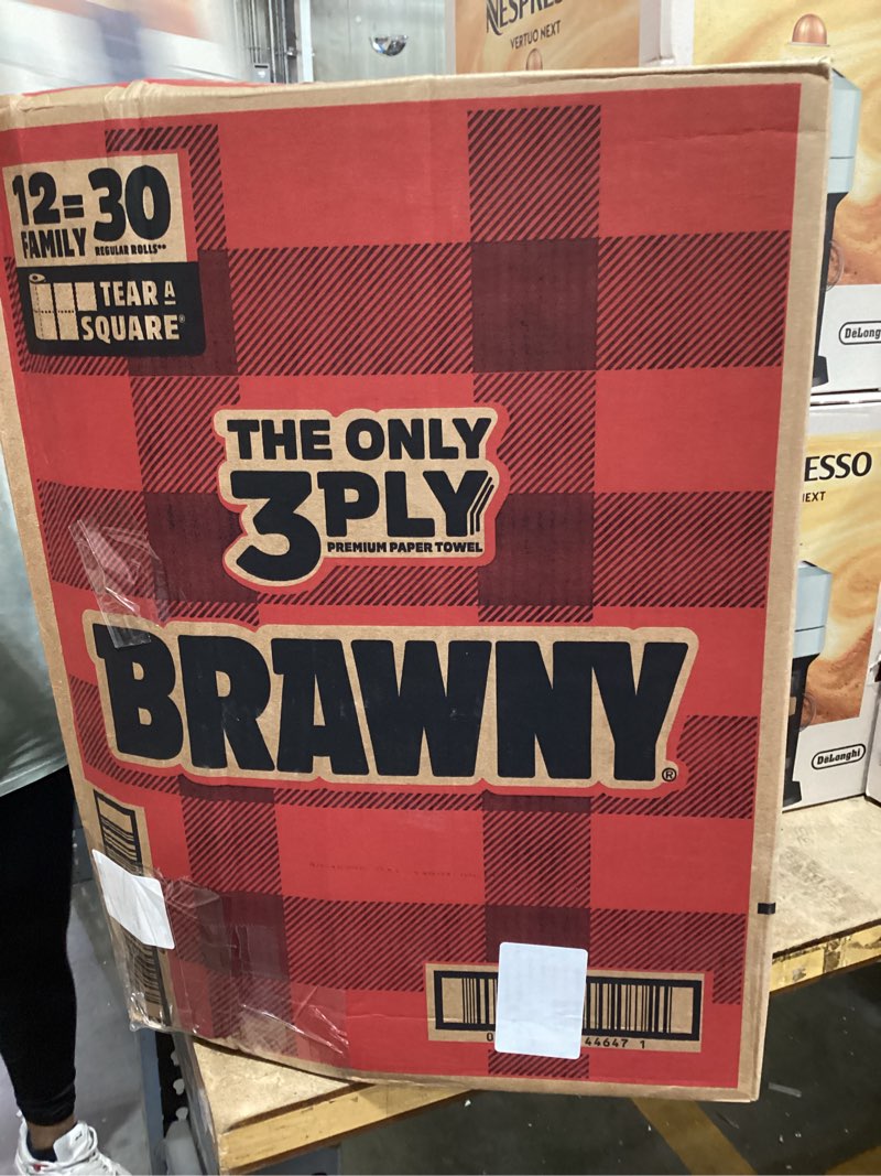 Condition photo showing New/Like New for brawny tear-a-square 3-ply paper towels, 12 xl family rolls = 30 regular rolls, strong, absorbent, and durable with 3 sheet sizes (quarter, half, full) family 12 xl family rolls