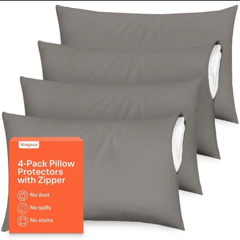 Ultra Soft Pillow Protectors with Zipper Standard Size - Set of 4 Breathable Pillow Covers - 100% Protection Against Stains, Dust & Dirt - Machine Washable (Gray)