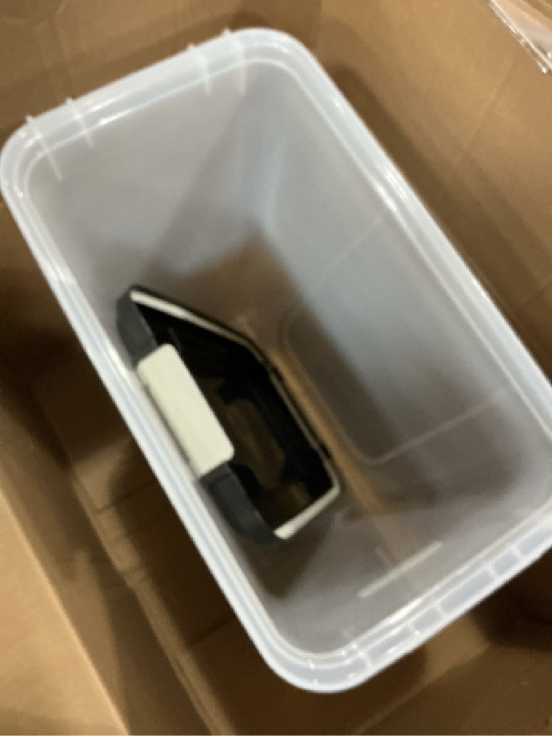 Condition photo showing As Is for iris usa airtight dog food storage container, up to 38 lbs, attachable wheels, for dog cat bird and other pet food storage bin, keep fresh, translucent body, easy mobility, black 38 lbs black (missing wheels)