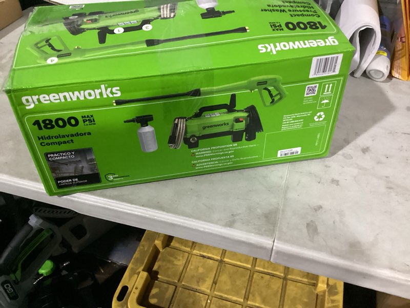 Condition photo showing As Is for greenworks 1800-psi 1.2-gpm cold water electric pressure washer with 2 spray tips