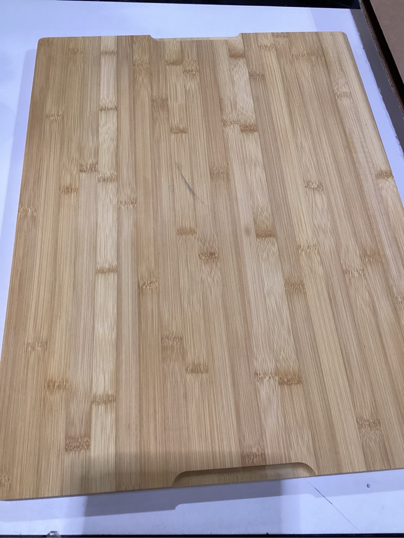 Condition photo showing As Is for 24 x 18 Extra Large Bamboo Serving Boards for Kitchen, Heavy Duty Wood Butcher Block Chopping Board with Handle and Juice Groove for Meat, Large Charcuterie Board, Over the Sink Cutting Board Natural 24" x 18"