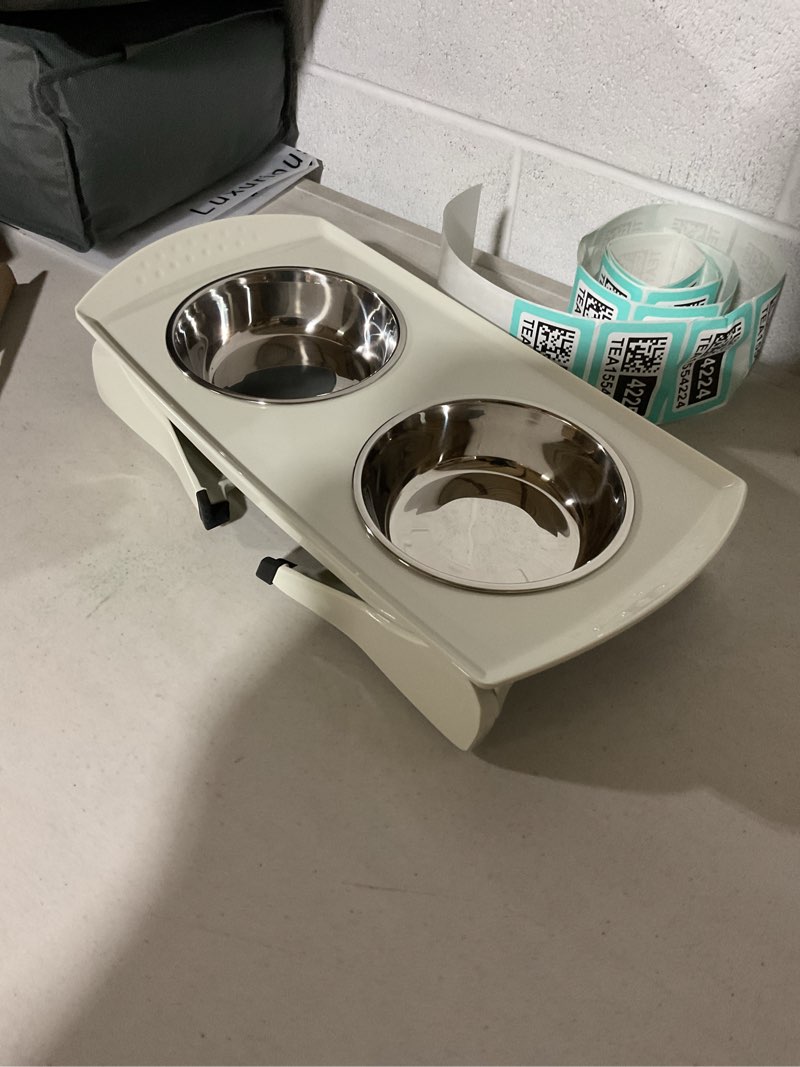 Condition photo showing Good Condition for malsipree elevated dog bowls for small dogs - 6.5" raised dog bowl stand with splash guard - portable folding pet feeding station with 2 stainless steel bowls - dog birthday & adoption gift, white medium