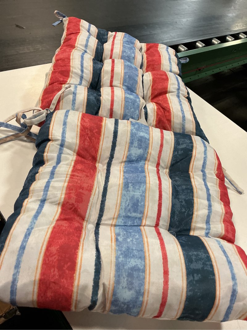 Condition photo showing Good Condition for dytxiii set of 2 rocking chair cushions for outdoor/indoor use,water resistant tufted high back chair pads for patio,porch,balcony rocker and adirondack furniture - stripe red blue 17"x17"seat/21"x17"back stripe red blue