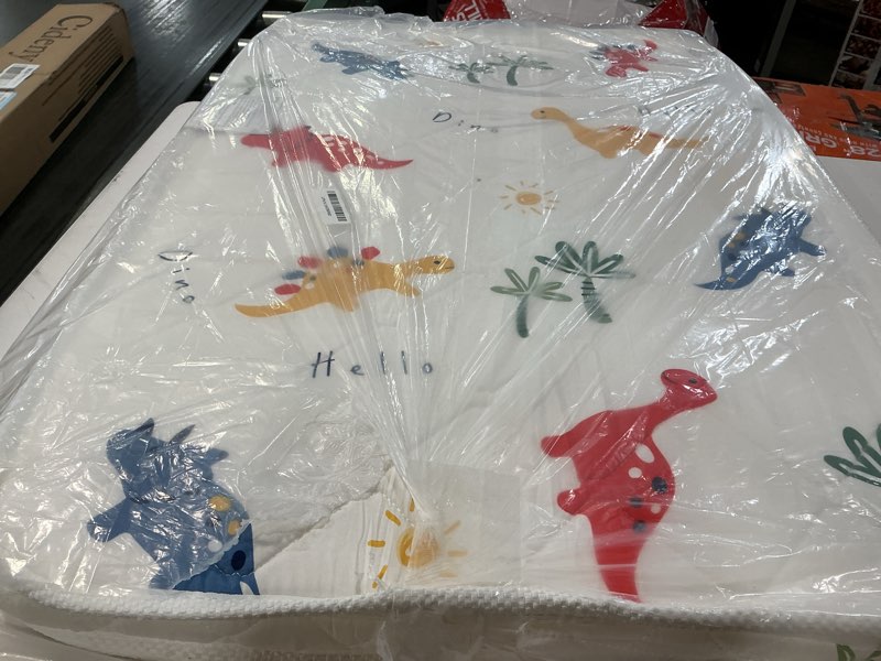 Condition photo showing Good Condition for pack and play mattress 38" x 26" x 1.5", firm support and comfort foam, soft playard mattress for babies and toddlers, baby essentials items dinosaur pack and play