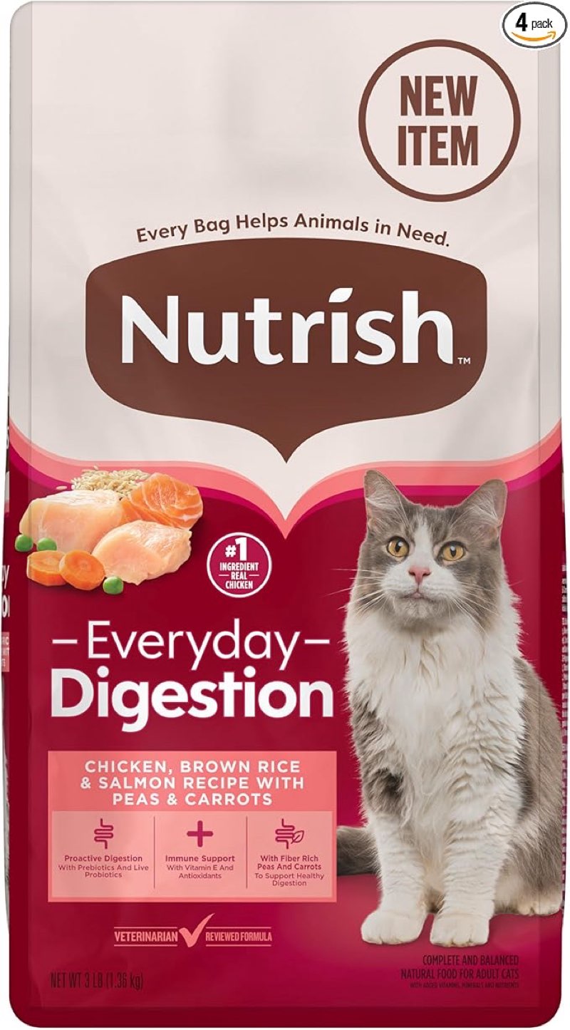 best by september 18, 3026  nutrish everyday digestion dry cat food, 3 lb. bag, (4 pack) (rachael ray) | chicken, brown rice and salmon recipe with peas and carrots, immune support with vitamin e & antioxidants, fiber rich