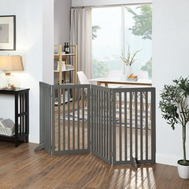 Unipaws Freestanding Wooden Dog Gate, 2 Support Feet, Indoor Barrier, 80"W x 36"H, Gray