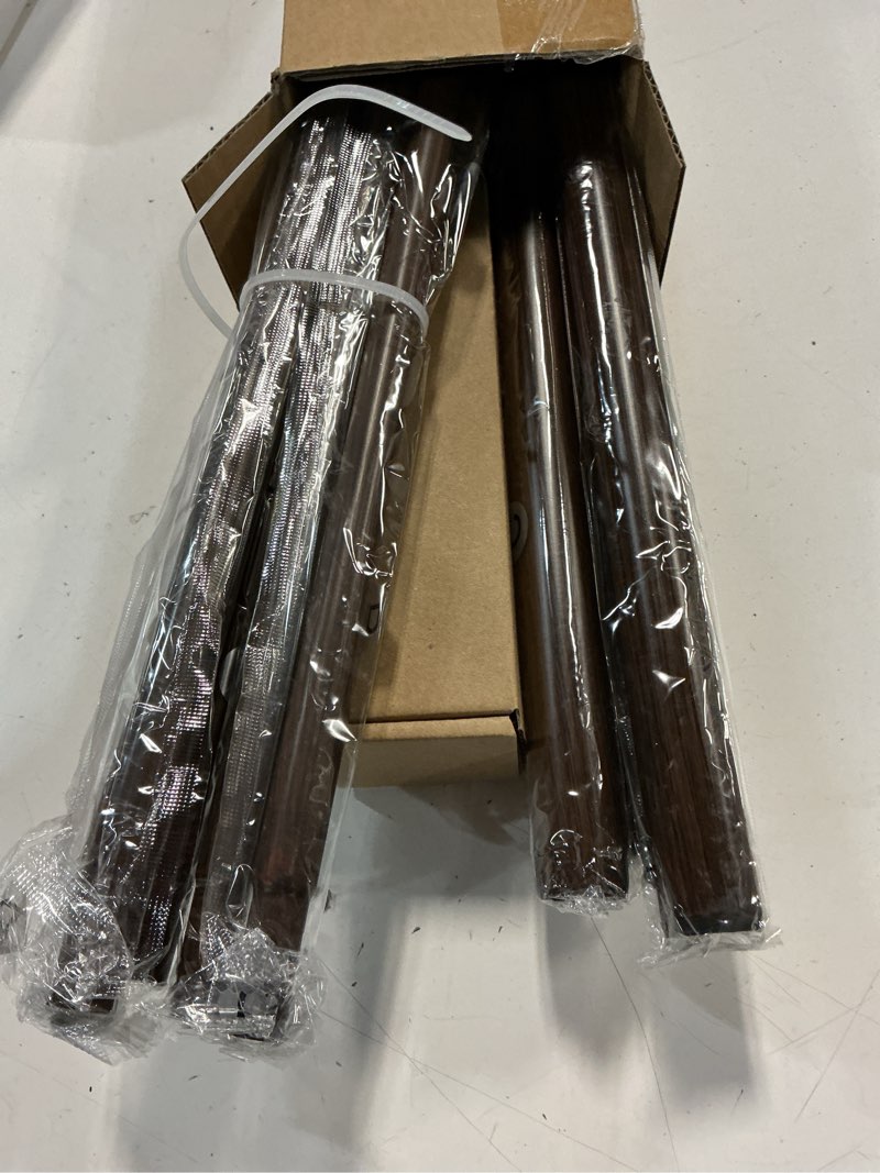 Condition photo showing New/Like New for walnut wood double curtain rod, boho decorative dual curtain rods for windows 36 to 72 inch, 1" adjustable heavy duty double rod, unique handmade imitation wood grain leaf finials design walnut wood 36"-72"