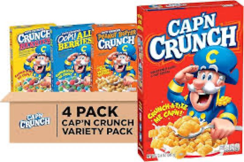 Quaker Cap'n Crunch Breakfast Cereal, 4 Flavor Variety Pack, (4 Pack), Sweetened Corn & Oat Cereal Original, Crunch Berries, Oops All Berries, Peanut Butter