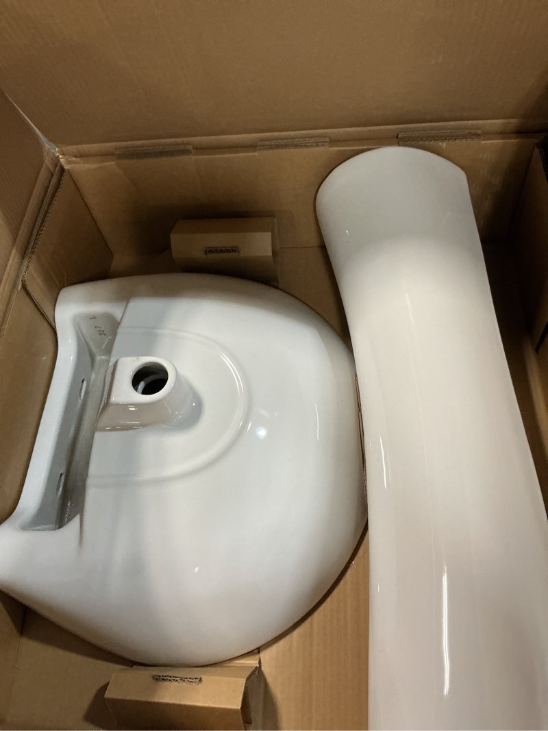 Condition photo showing As Is for project source vitreous china white pedestal sink combo (18.125-in x 22.64-in x 33.6875-in)