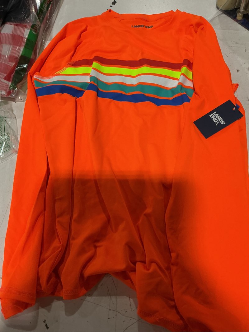 Condition photo showing New/Like New for lands' end boys' swim upf 50+ long sleeve sun tee rash guard shirt large dark blue