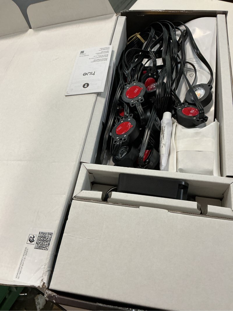 Condition photo showing Good Condition for philips hue festavia 90ft permanent outdoor string lights, 48 dimmable lights, 55 lumens each, weatherproof, water-resistant, black wire, color ambience, bridge required 90ft black